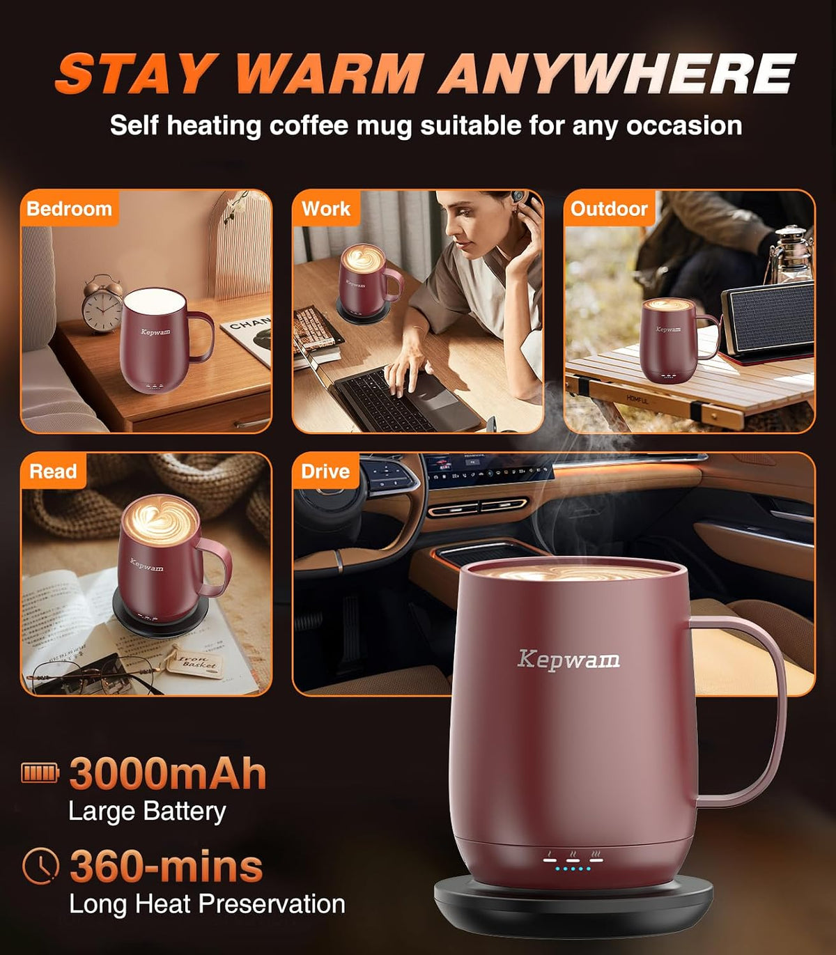 Kepwam TCM2 Self-Heating Coffee Mug - 16oz Electric Heated Mug with 3 Temperature Settings for Perfectly Warm Beverages
