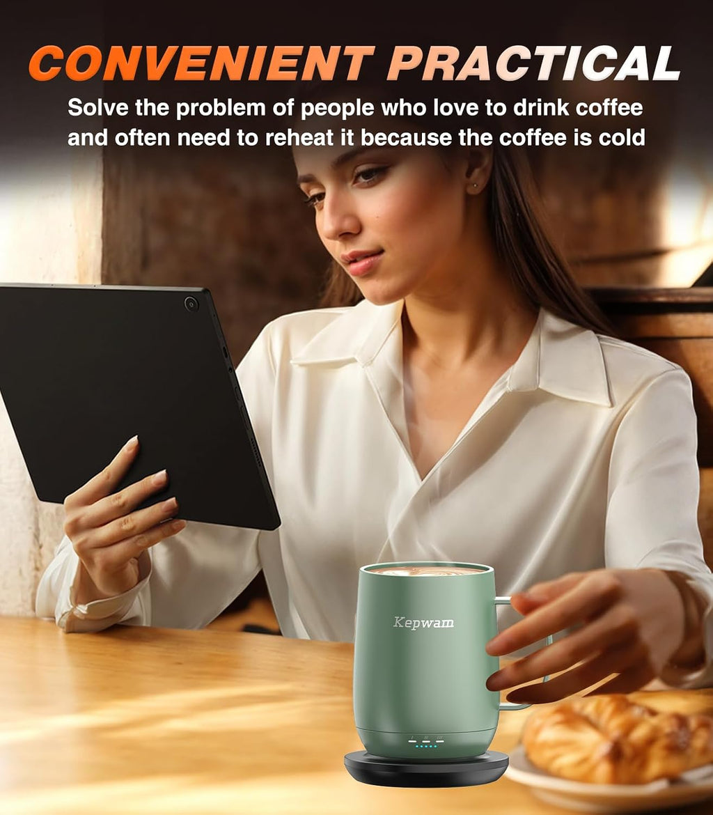 Kepwam TCM2 Self-Heating Coffee Mug - Enjoy Your Perfectly Warm Beverage Anytime with 16oz Capacity and Smart Temperature Control
