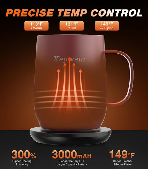 Kepwam TCM2 Self-Heating Coffee Mug - 16oz Electric Heated Mug with 3 Temperature Settings for Perfectly Warm Beverages