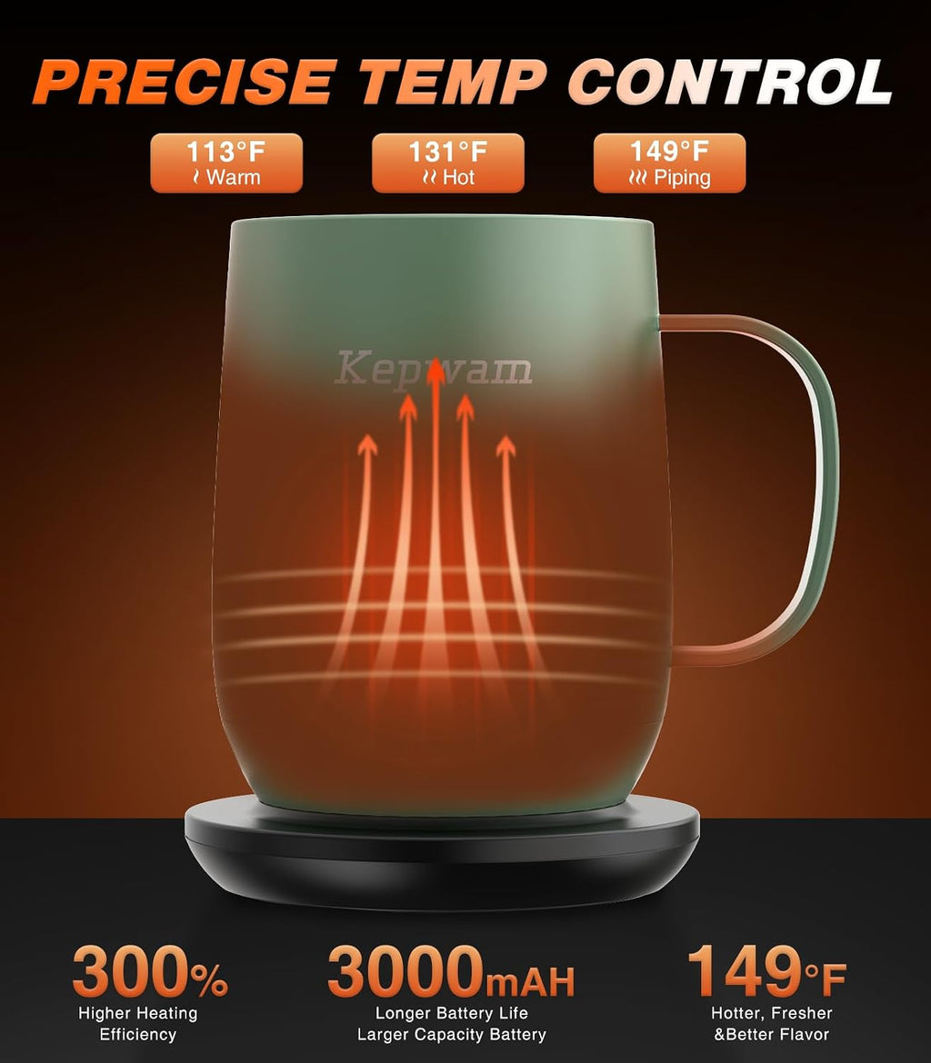 Kepwam TCM2 Self-Heating Coffee Mug - Enjoy Your Perfectly Warm Beverage Anytime with 16oz Capacity and Smart Temperature Control