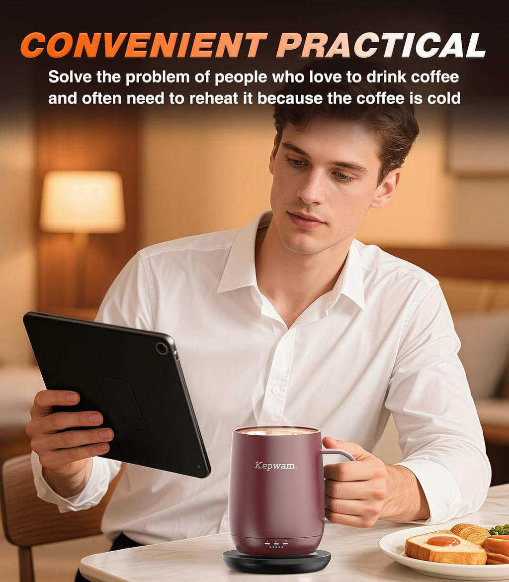Kepwam TCM2 Self-Heating Coffee Mug - 16oz Electric Heated Mug with 3 Temperature Settings for Perfectly Warm Beverages