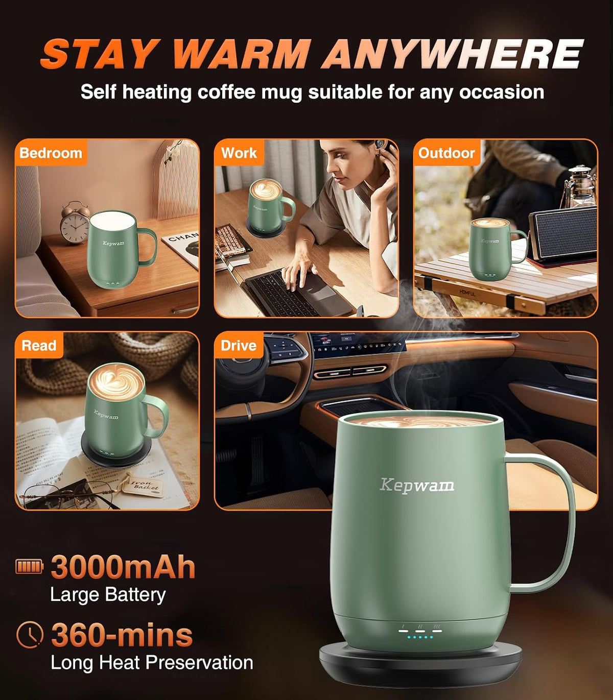 Kepwam TCM2 Self-Heating Coffee Mug - Enjoy Your Perfectly Warm Beverage Anytime with 16oz Capacity and Smart Temperature Control