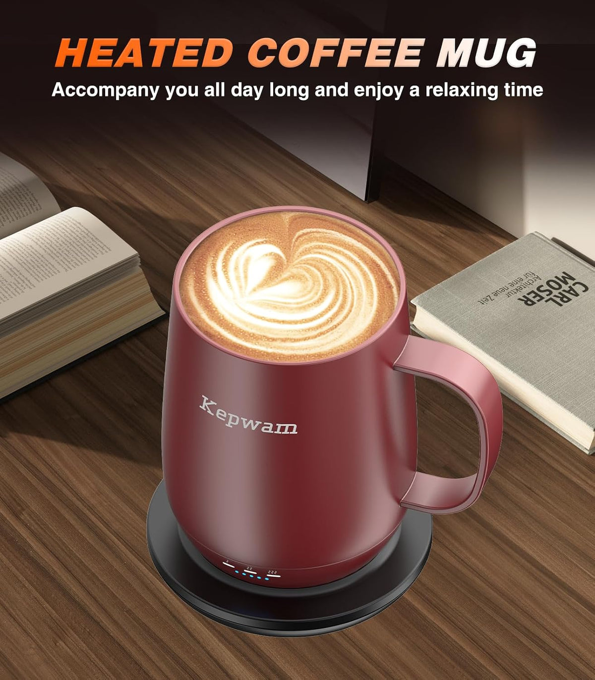 Kepwam TCM2 Self-Heating Coffee Mug - 16oz Electric Heated Mug with 3 Temperature Settings for Perfectly Warm Beverages